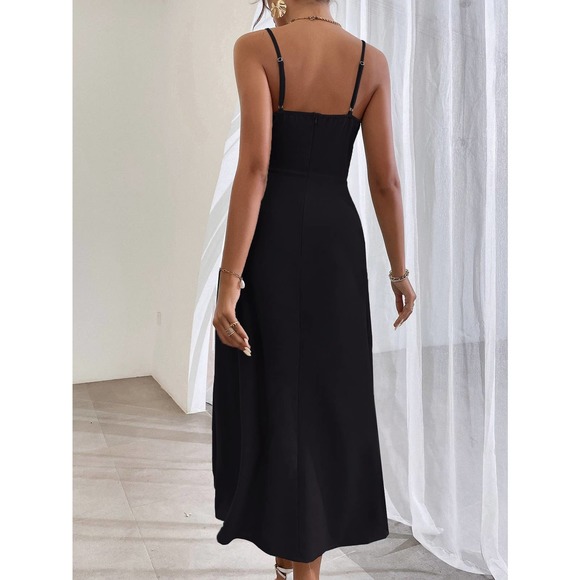 Solid Split Thigh V-Neck Ruched Midi Dress